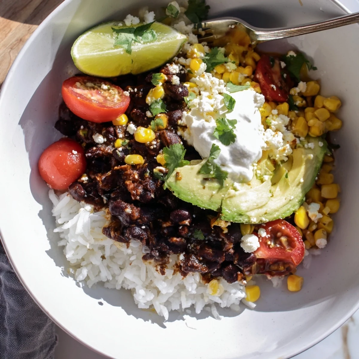 Colorful black bean and rice bowl featuring golden corn, creamy avocado, and vibrant toppings