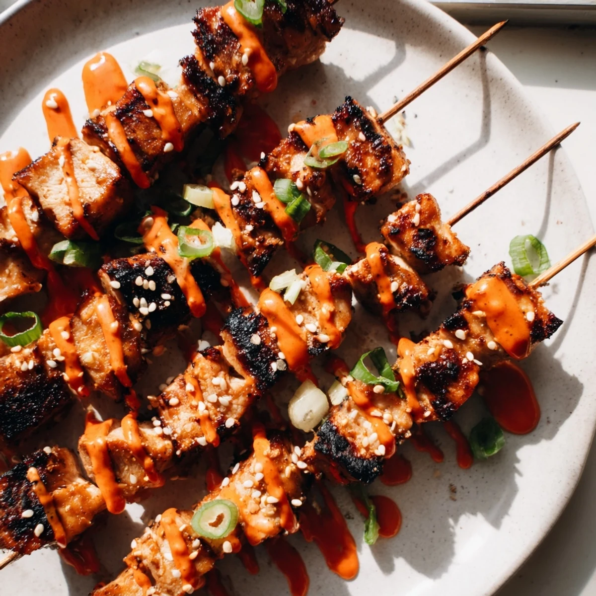 Juicy Bang Bang Chicken Skewers grilled golden with a creamy spicy sauce drizzle