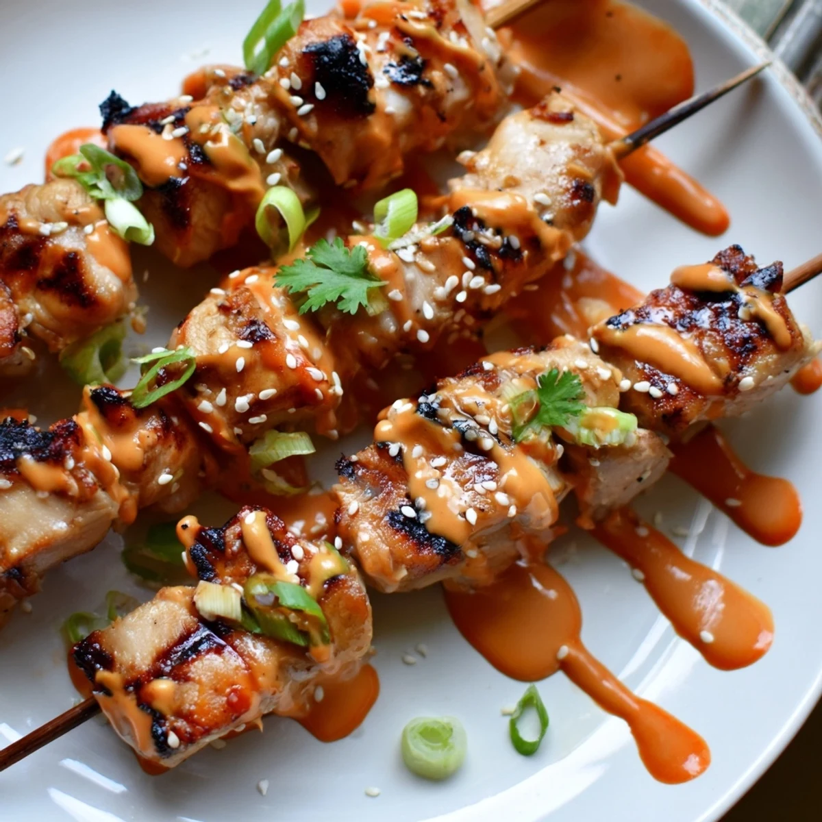 Charred Bang Bang Chicken Skewers on a platter garnished with sesame seeds and spring onions