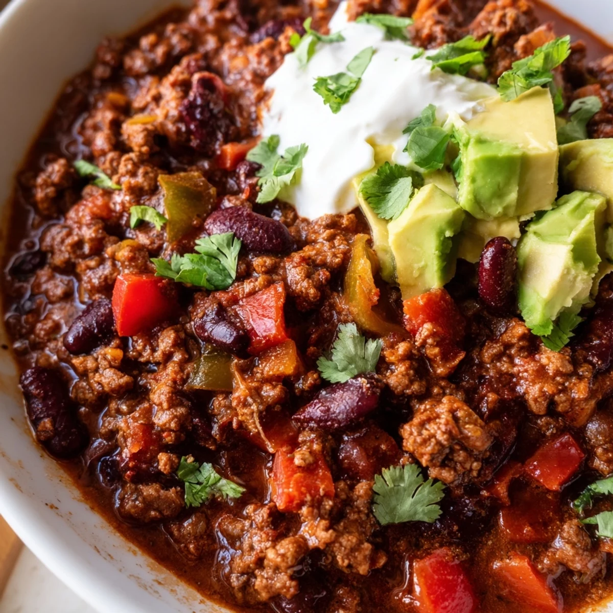 Hearty beef chili simmered with beans and tomatoes in a rich spiced broth