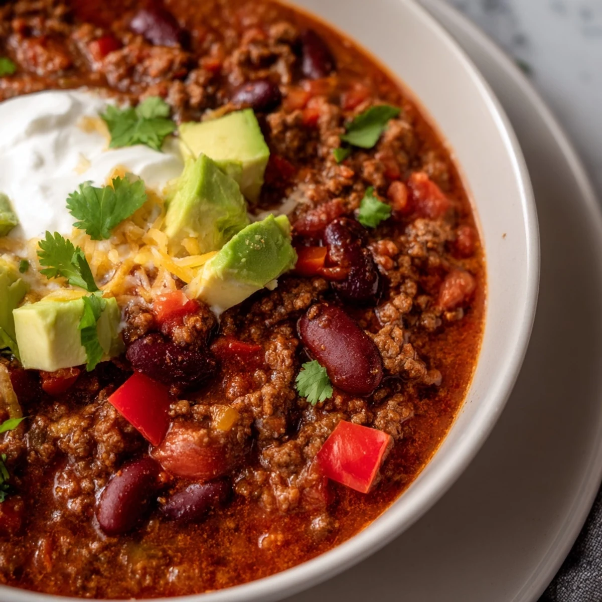 Thick, smoky chili loaded with tender ground beef, peppers, and kidney beans