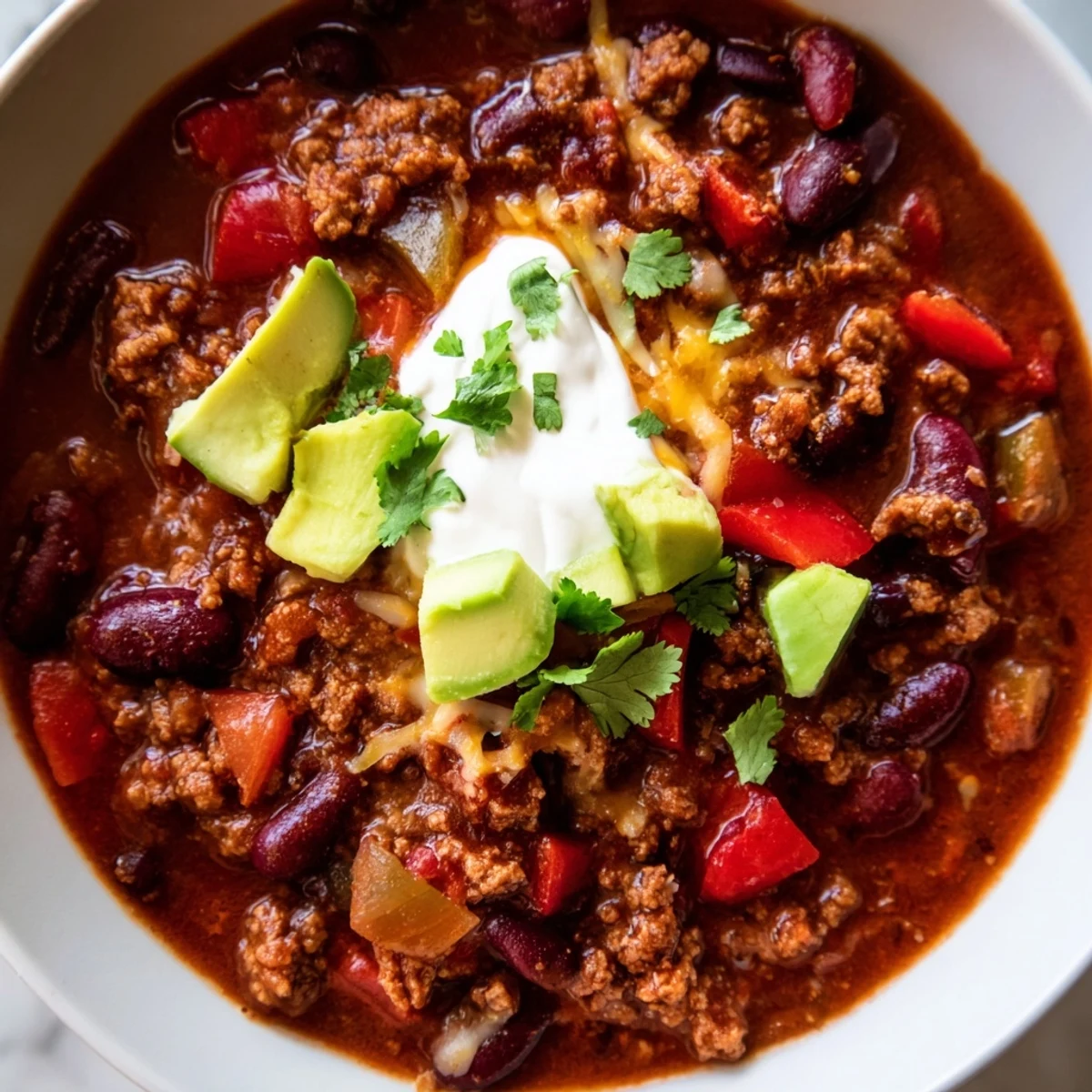 Steaming bowl of homemade chili topped with cheddar cheese and fresh cilantro