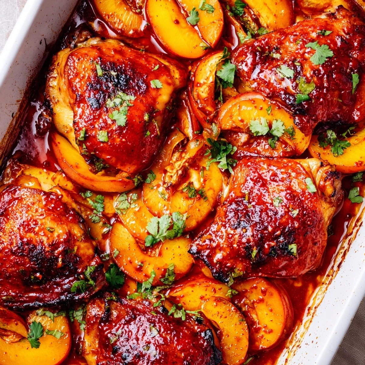 Golden glazed roasted peach BBQ chicken bake with caramelized fruit and crispy skin