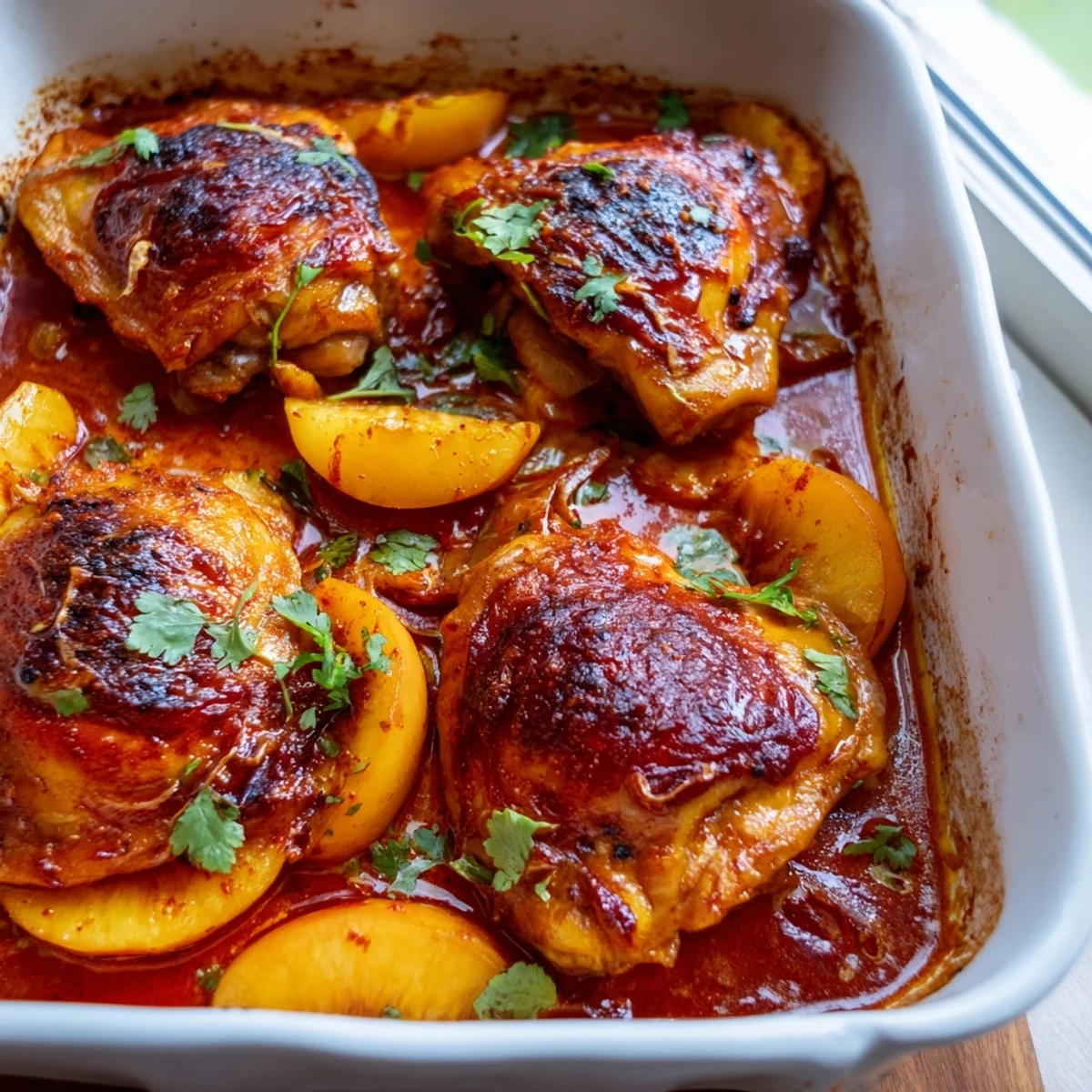 Tender roasted peach BBQ chicken bake garnished with herbs beside summer peach slices