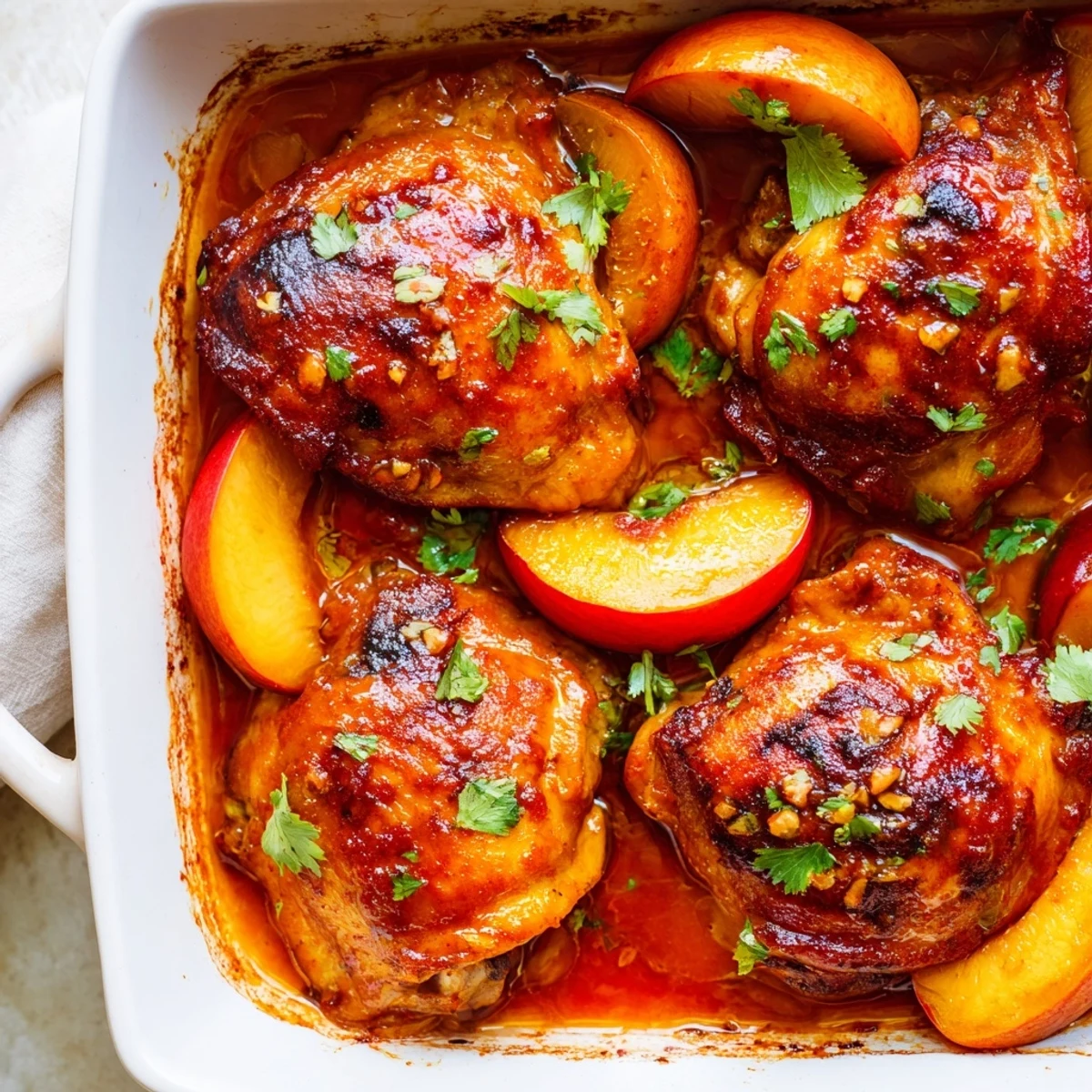 Juicy roasted peach BBQ chicken bake drizzled in smoky sweet sauce fresh from oven