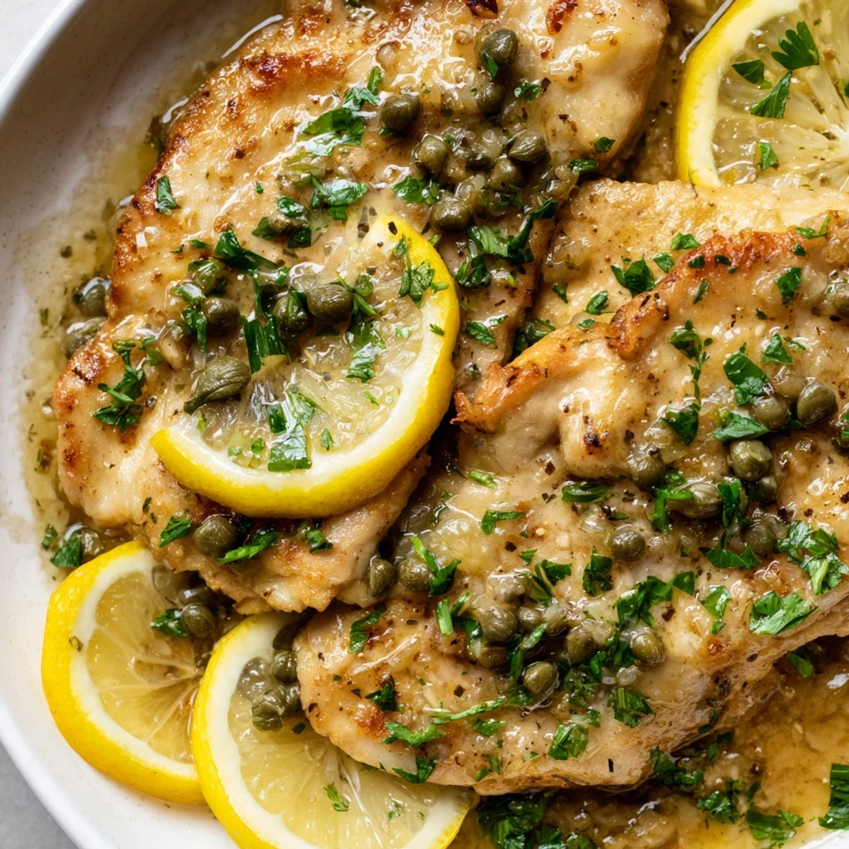 Tender Crock Pot Lemony Chicken Piccata drizzled with a bright, tangy caper sauce