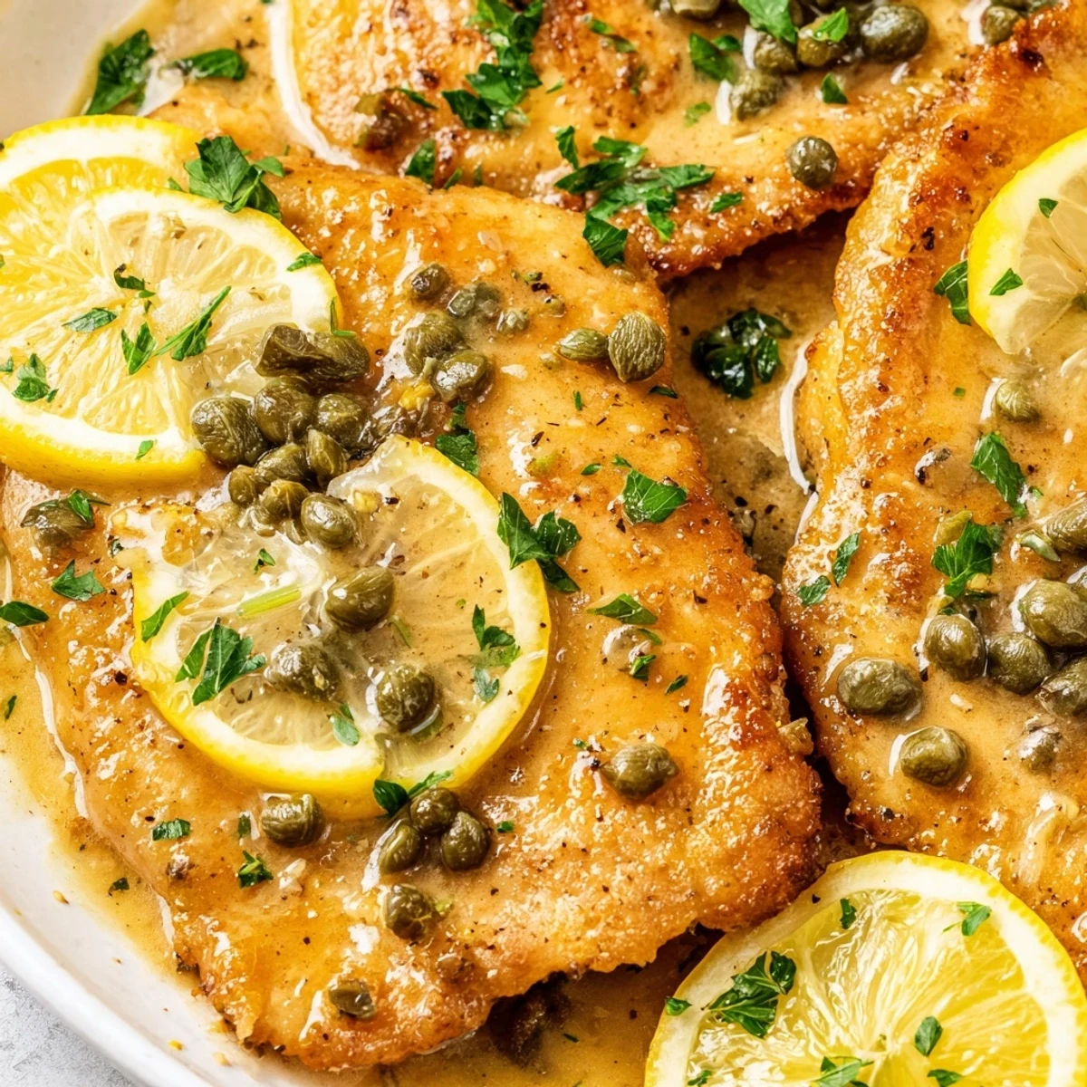 Juicy Crock Pot Lemony Chicken Piccata garnished with fresh parsley and lemon slices