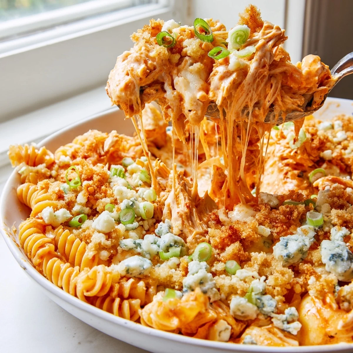 Bubbly Cheesy Buffalo Chicken Dip Casserole fresh from the oven with melted cheddar topping