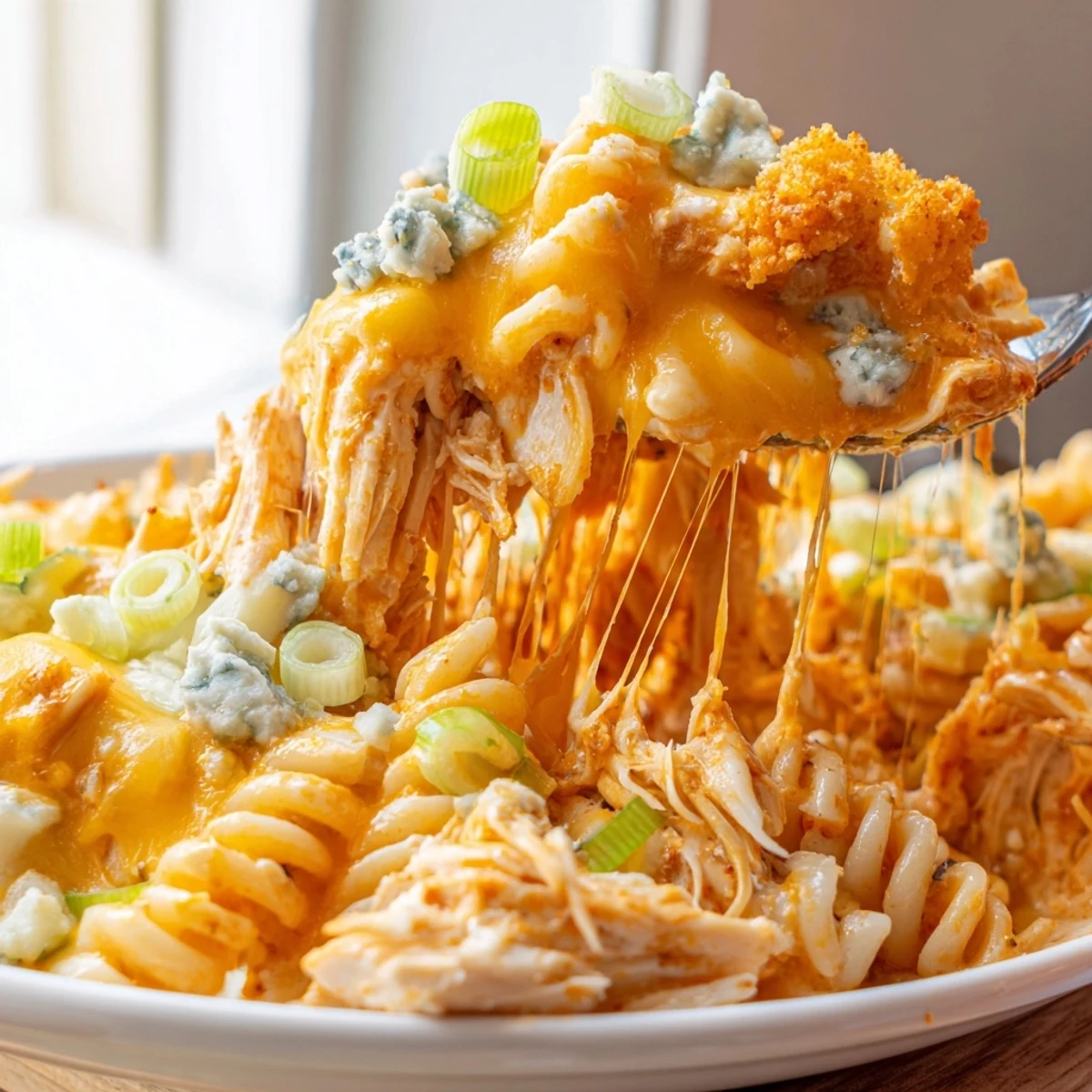 Creamy Cheesy Buffalo Chicken Dip Casserole in a 9x13 dish with golden crust