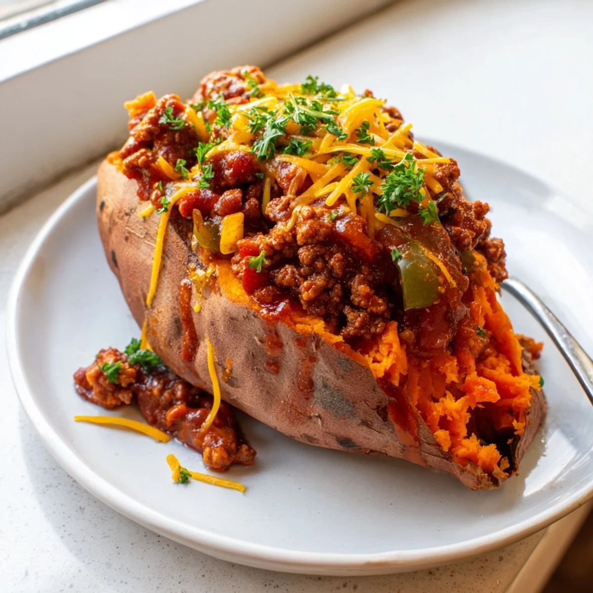 Hearty Sloppy Joe sweet potatoes with spiced beef filling and melted cheddar on top