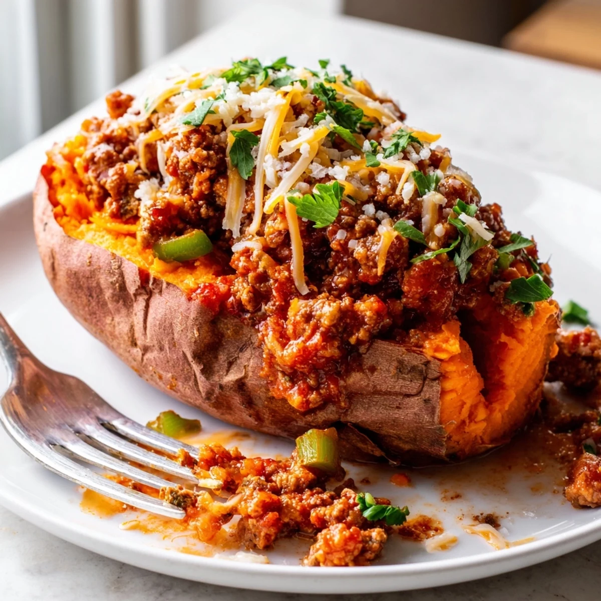 Roasted Sloppy Joe sweet potatoes split open and piled with savory tomato meat sauce