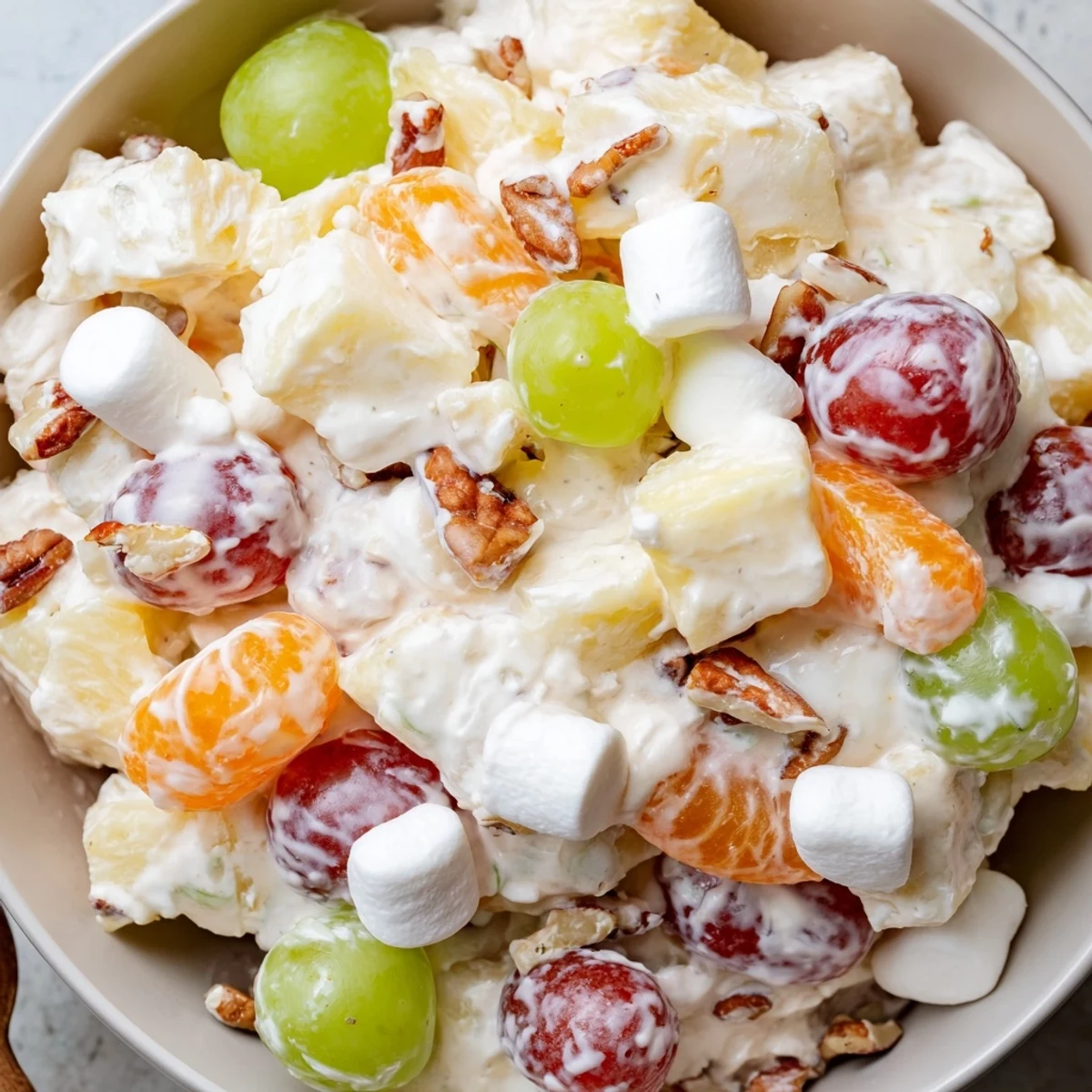 Creamy Pineapple Salad nestled in a rustic bowl with glistening fruit chunks and chopped pecans