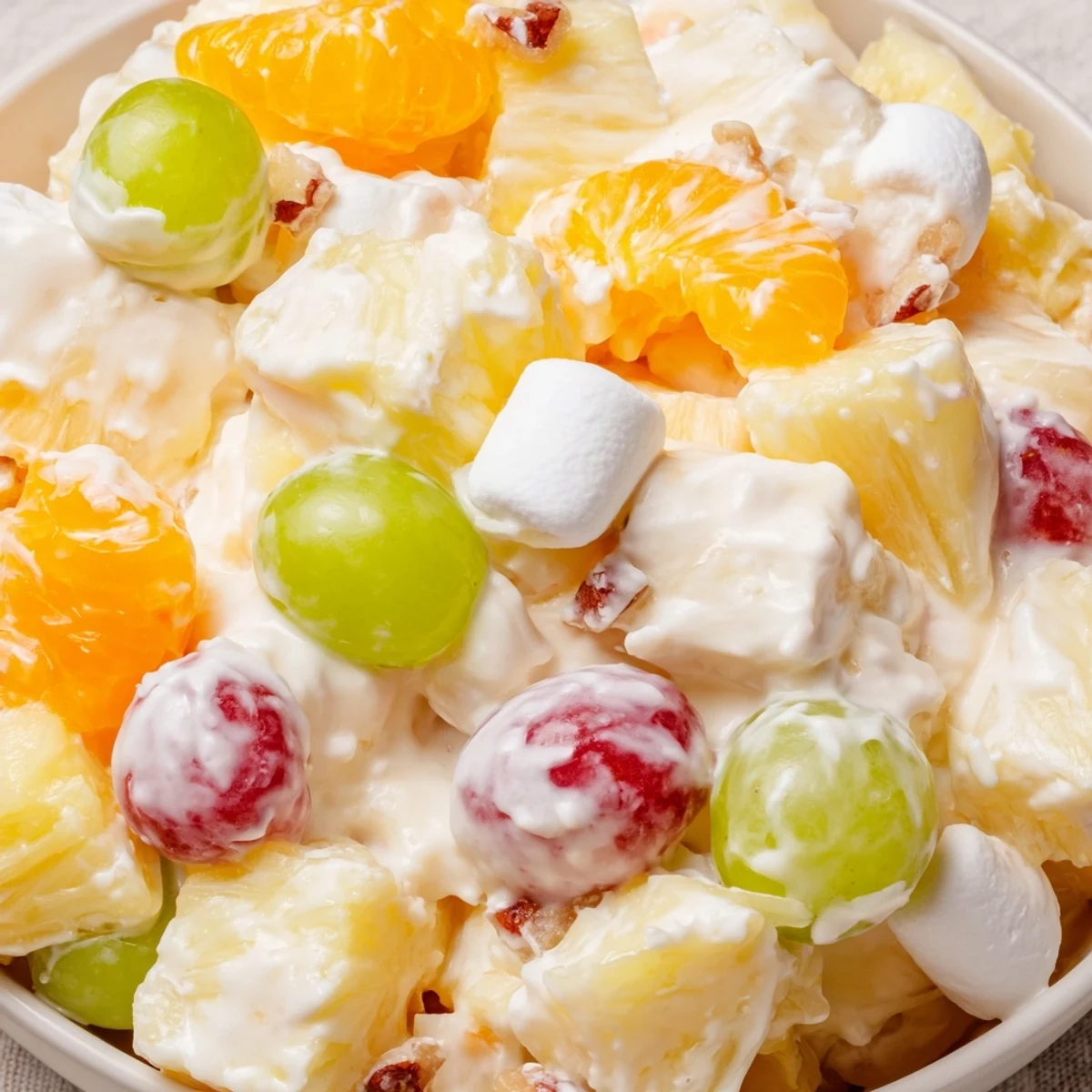 Vibrant Creamy Pineapple Salad topped with halved grapes, mandarin oranges, and fluffy marshmallows