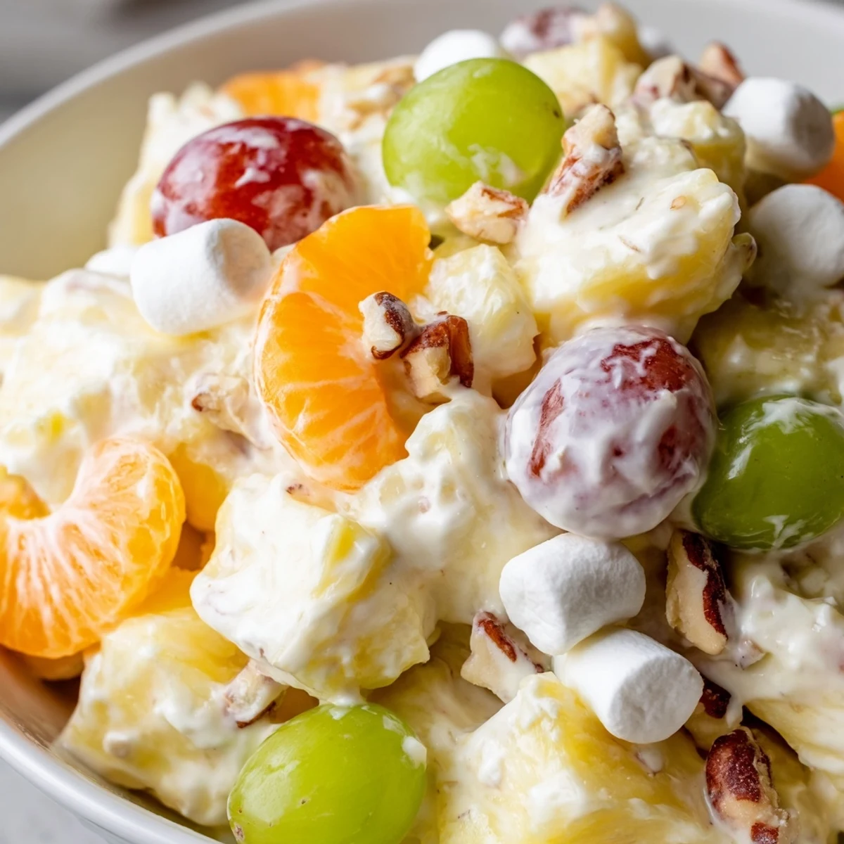 A chilled spoonful of Creamy Pineapple Salad served on a leafy green plate