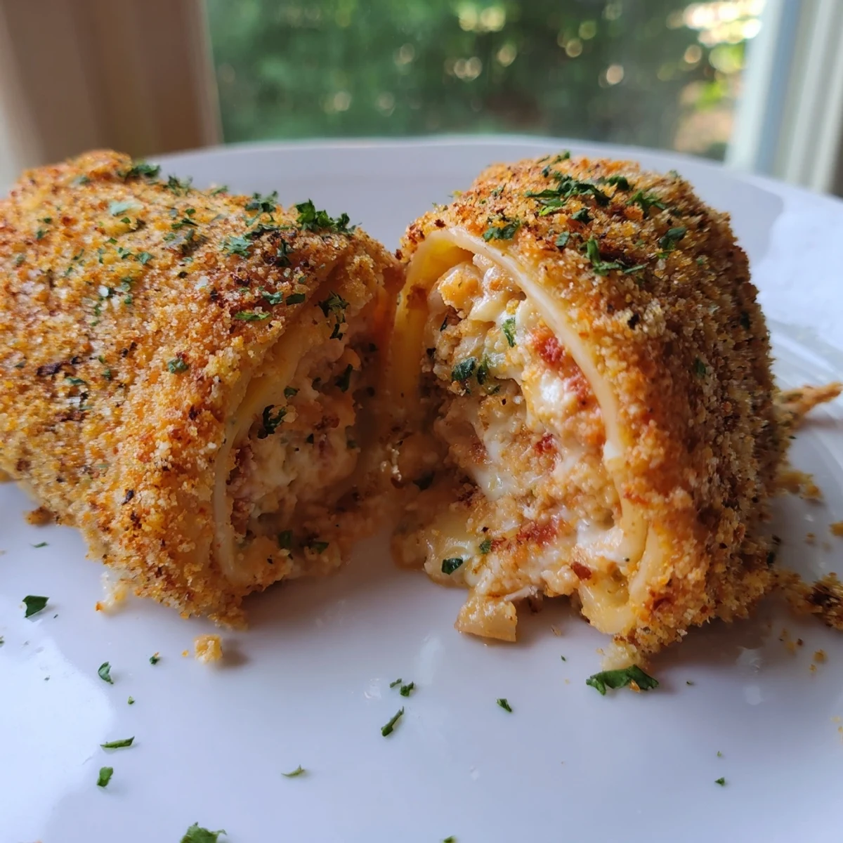 Crispy air fryer lasagna fritta golden brown with marinara sauce for dipping