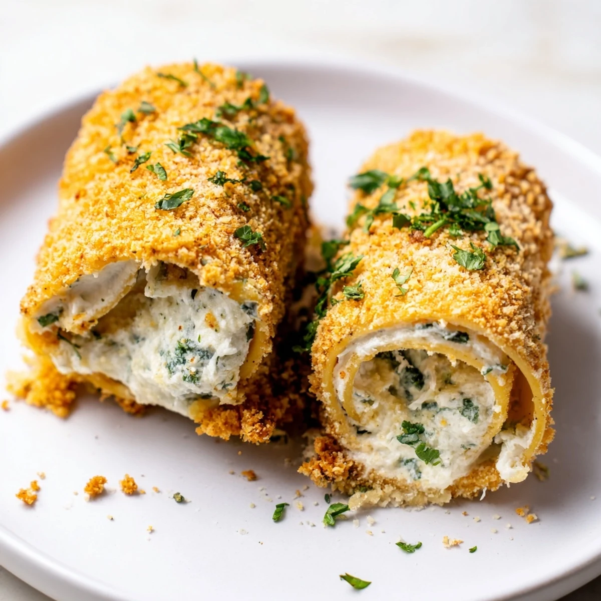 Creamy ricotta-filled air fryer lasagna fritta coated in crunchy Italian breadcrumbs