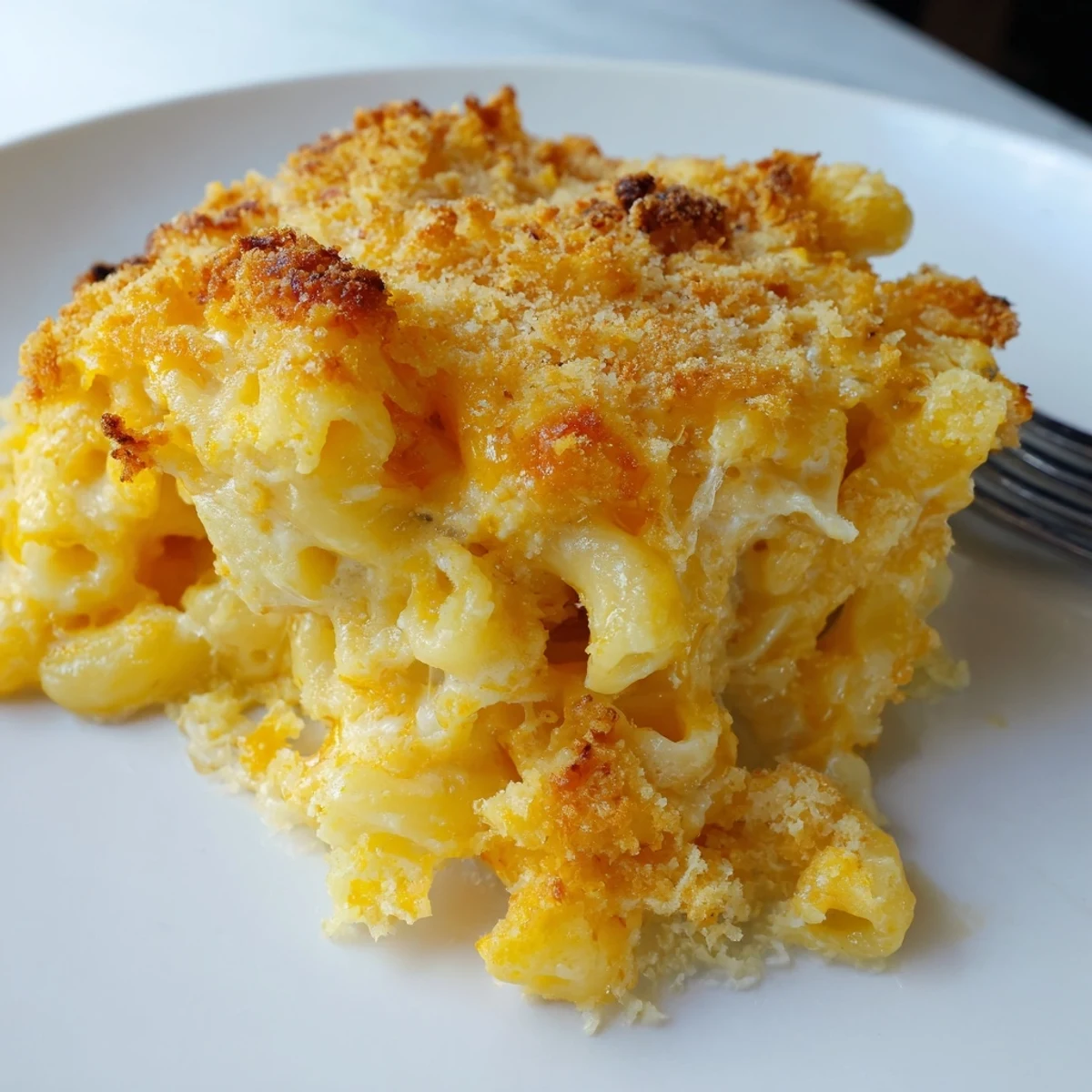 Creamy mac and cheese with melted cheddar sauce draped over tender elbow pasta