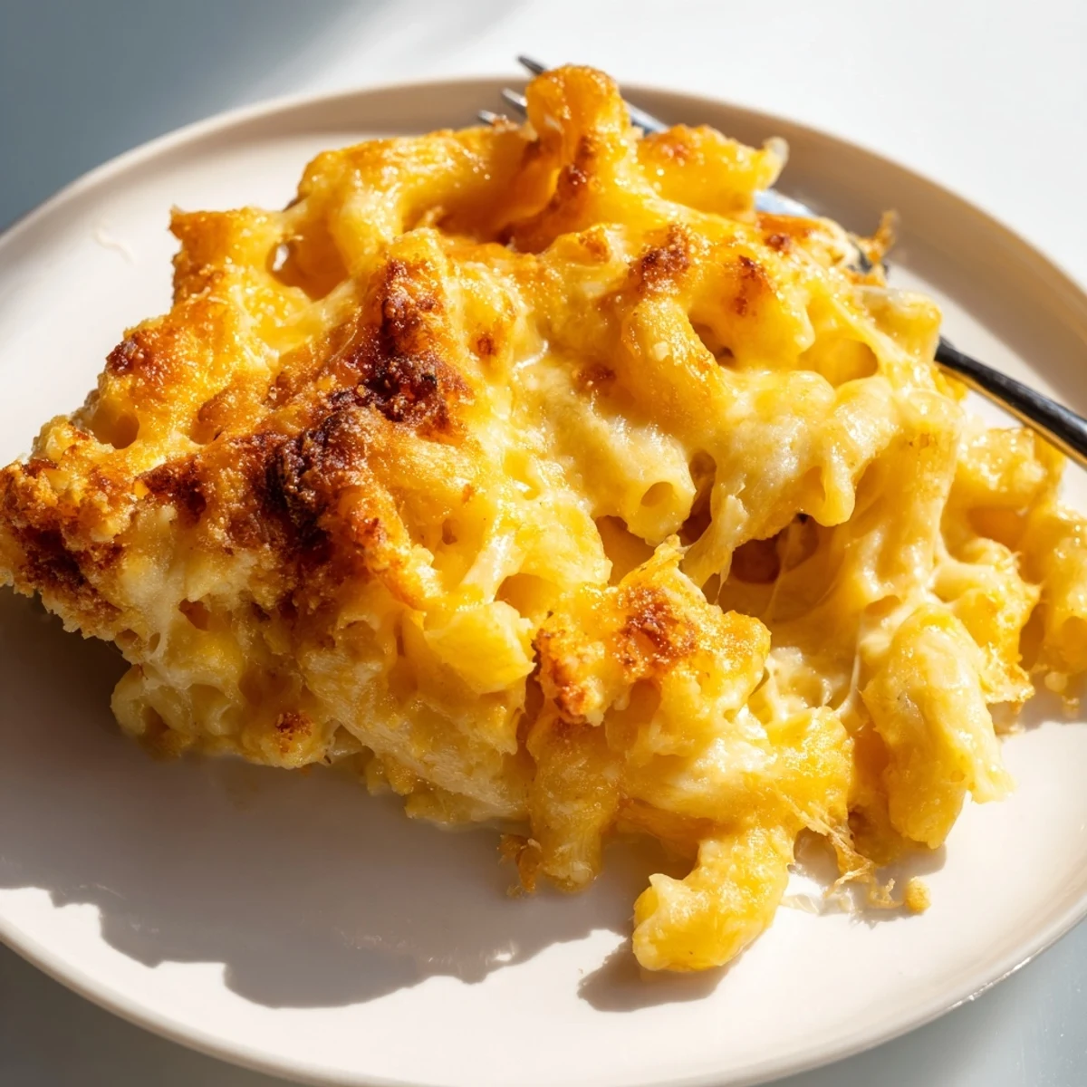 Golden breadcrumb-topped mac and cheese bubbling in a rustic baking dish