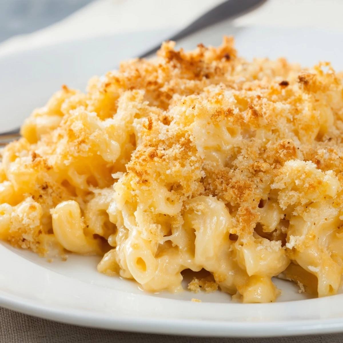 Baked mac and cheese pulled steaming from the oven with a crispy crust
