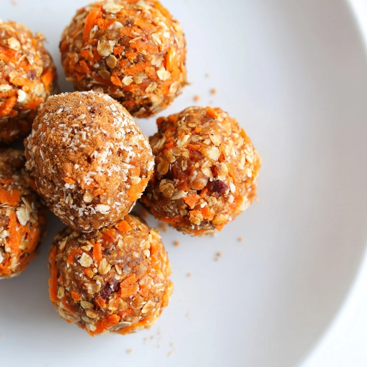 Chewy carrot cake energy balls coated in coconut on a rustic wooden board