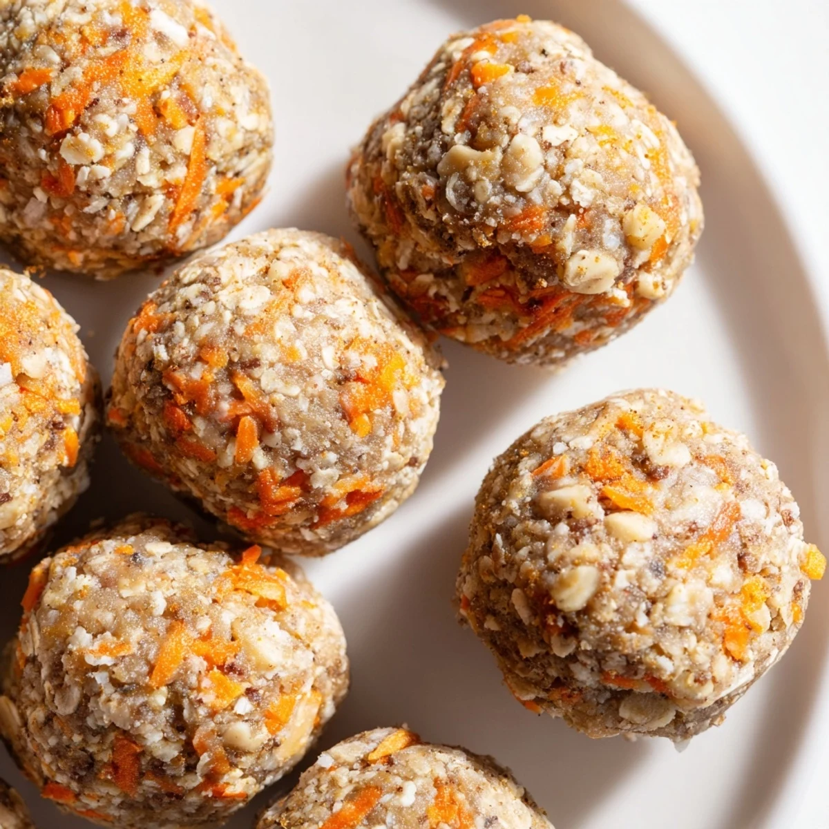 Golden carrot cake energy balls arranged on parchment beside a warm cup of tea