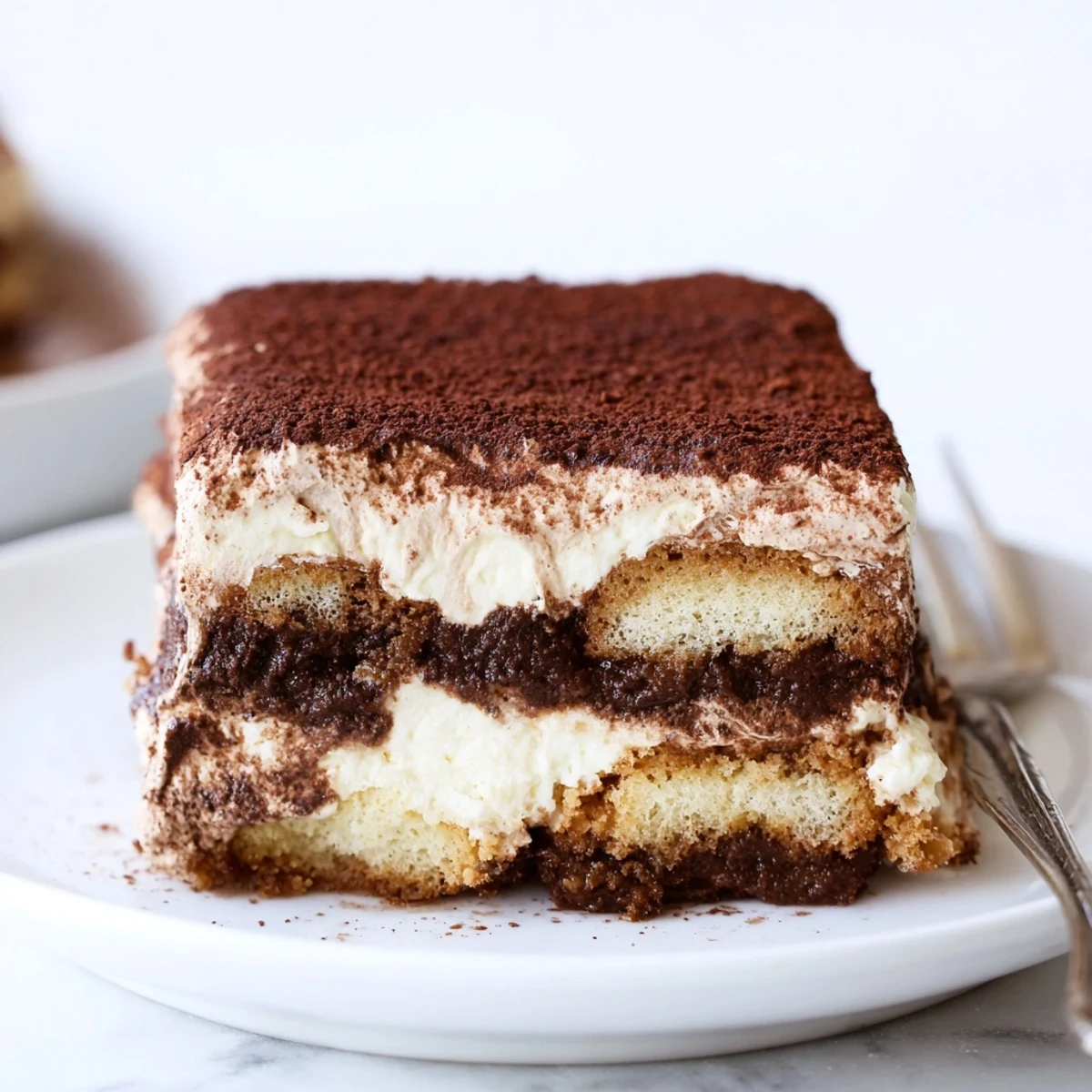 Chocolate Mousse Tiramisu layered in a dish with cocoa-dusted finish and creamy mascarpone