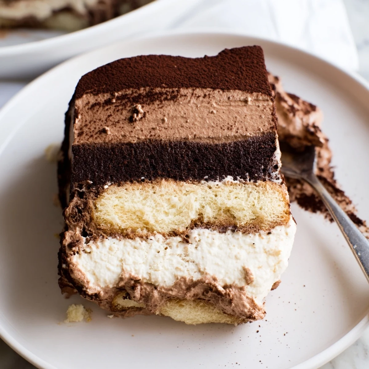 Silky chocolate mousse tiramisu scooped into a dessert glass showing espresso-soaked ladyfinger layers
