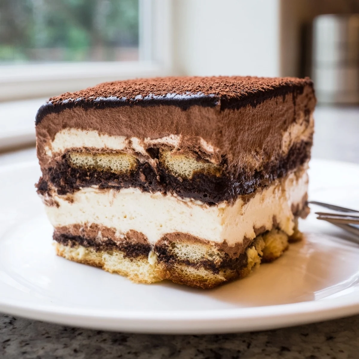 Chocolate mousse tiramisu sliced to reveal velvety mascarpone and dark chocolate mousse layers