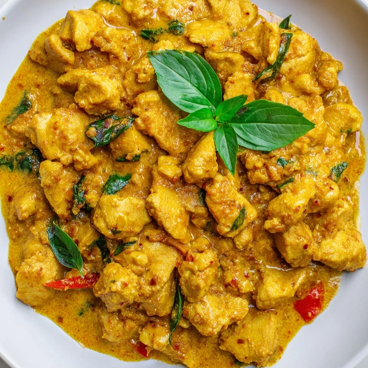 Basil chicken with coconut curry sauce served over steamed jasmine rice