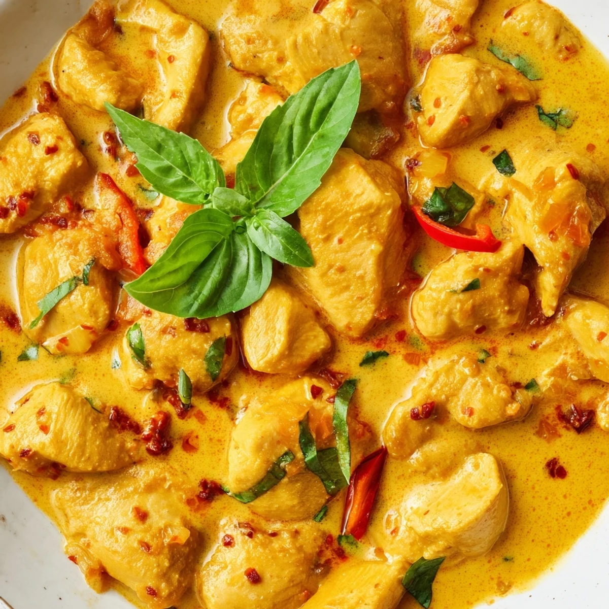 Creamy golden basil chicken with coconut curry sauce topped with fresh herbs