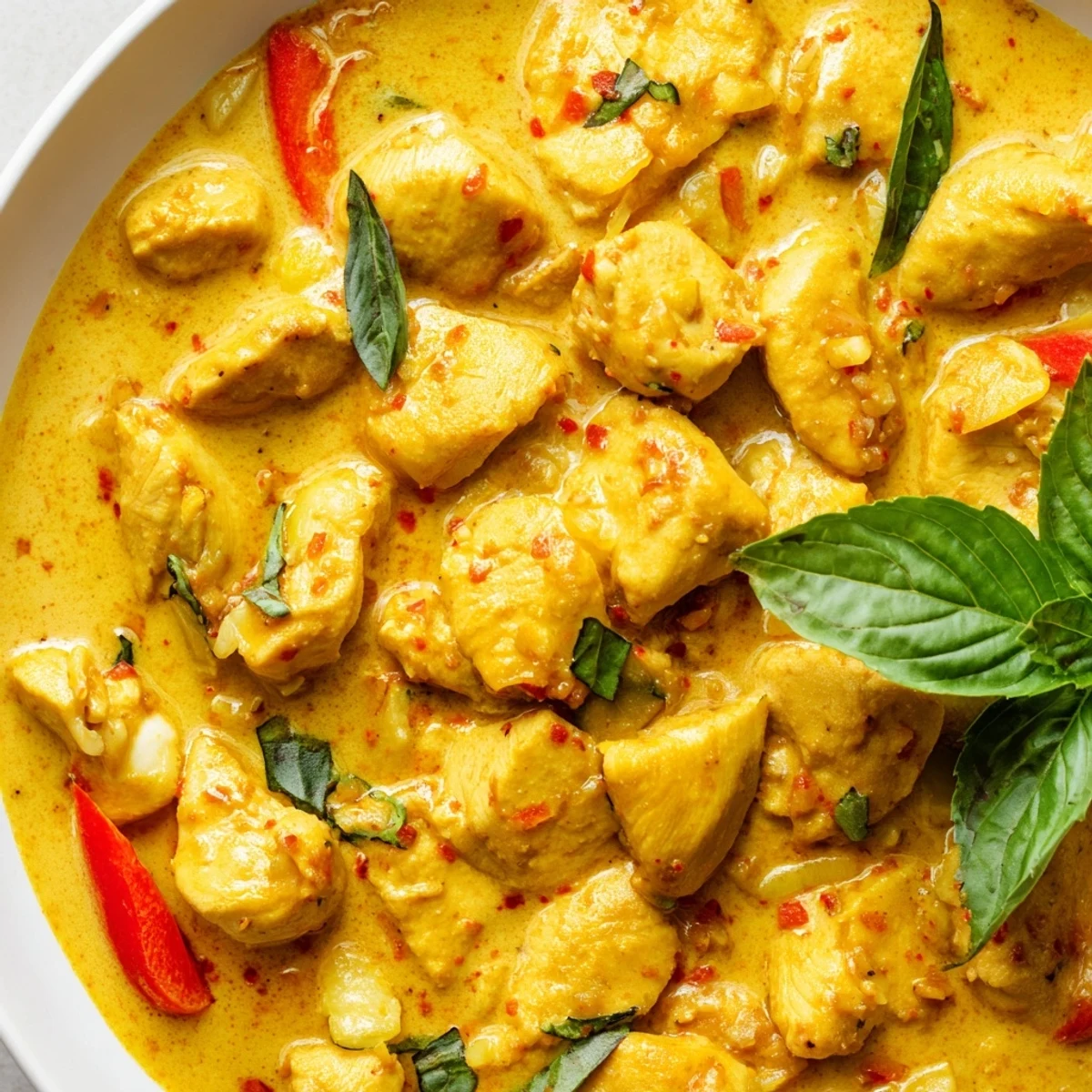 Tender basil chicken simmered in rich coconut curry sauce with colorful bell peppers