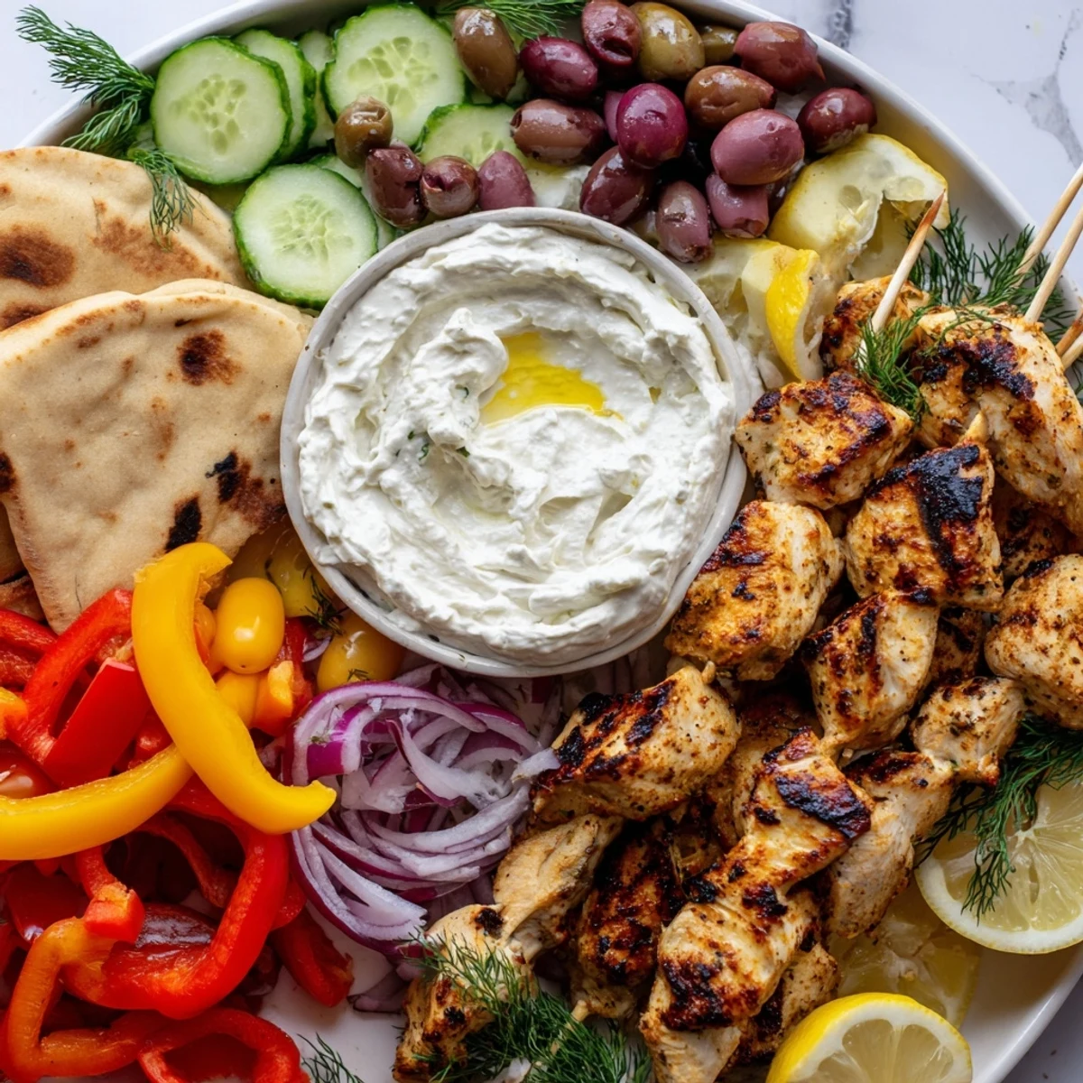 Juicy grilled Greek chicken souvlaki skewers arranged on a colorful Mediterranean grazing board