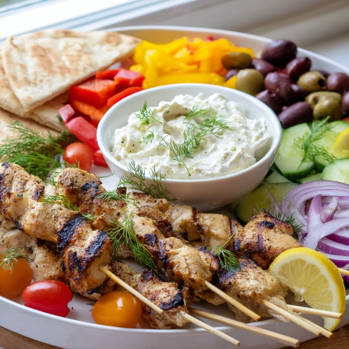 Greek chicken souvlaki grazing board with creamy garlic feta, olives, and warm pita