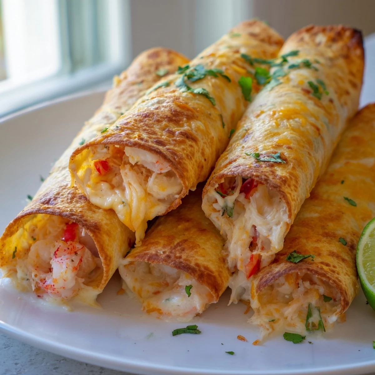 Golden crispy crab and shrimp queso taquitos arranged on a rustic wooden serving board with fresh lime wedges