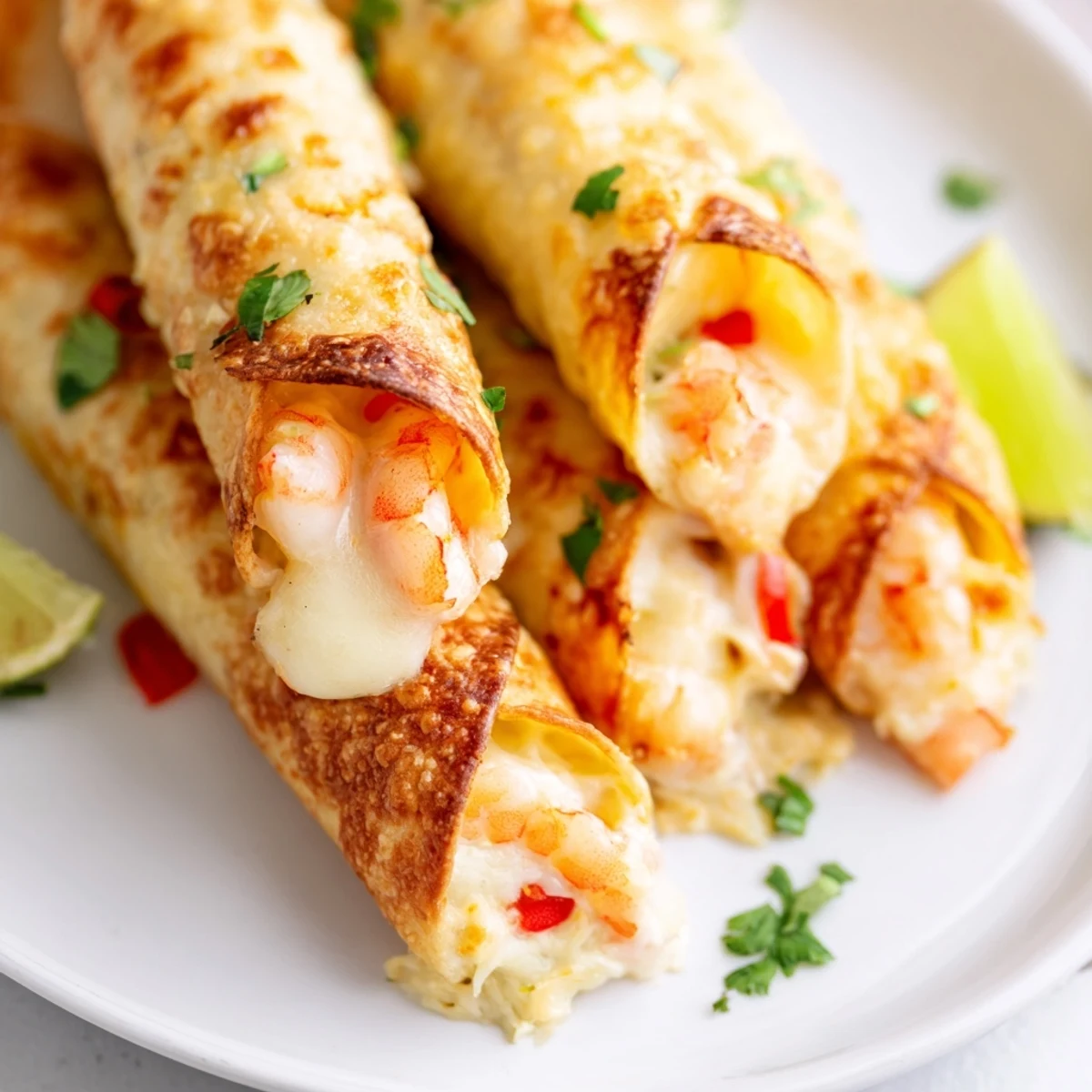 Crab and shrimp queso taquitos with melted cheese oozing from perfectly browned tortillas alongside vibrant salsa