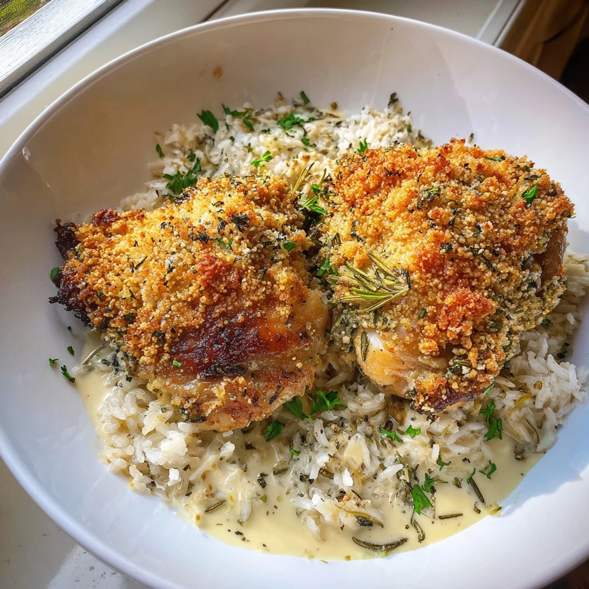 Crispy golden herb crusted chicken thighs nestled in velvety garlic sauce over steamed white rice