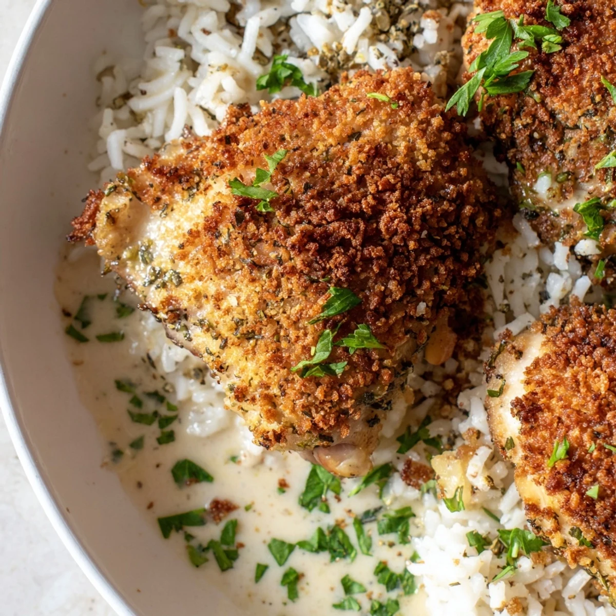 Juicy herb-crusted chicken thighs drizzled with creamy Parmesan garlic sauce atop a bed of fluffy rice