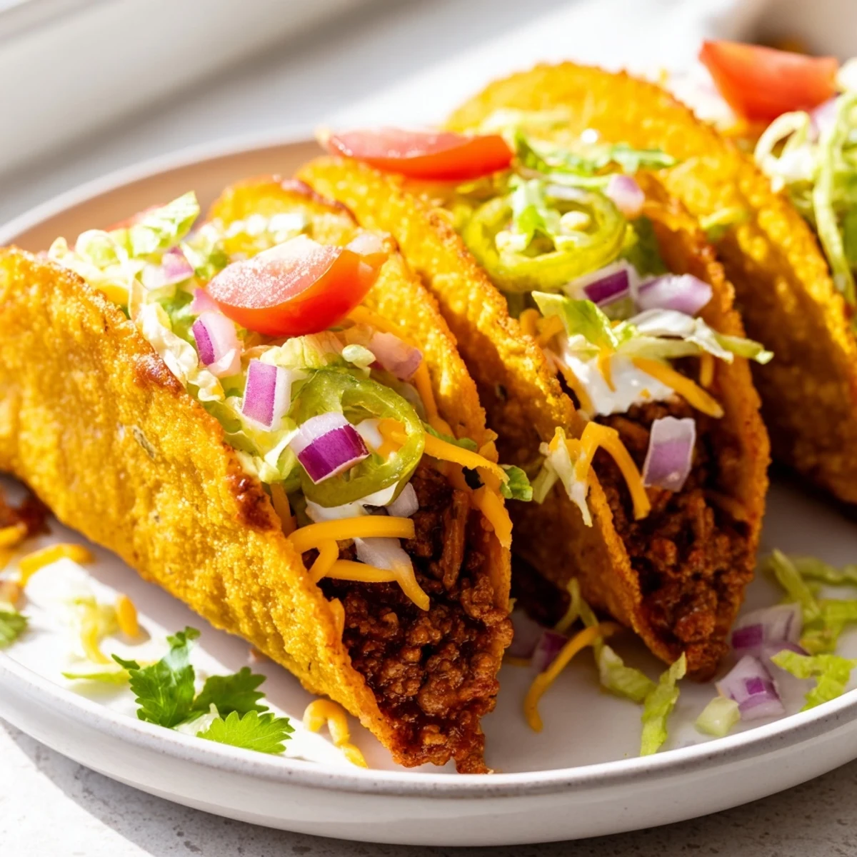 Golden crispy beef tacos loaded with seasoned meat, melted cheese, and fresh lettuce
