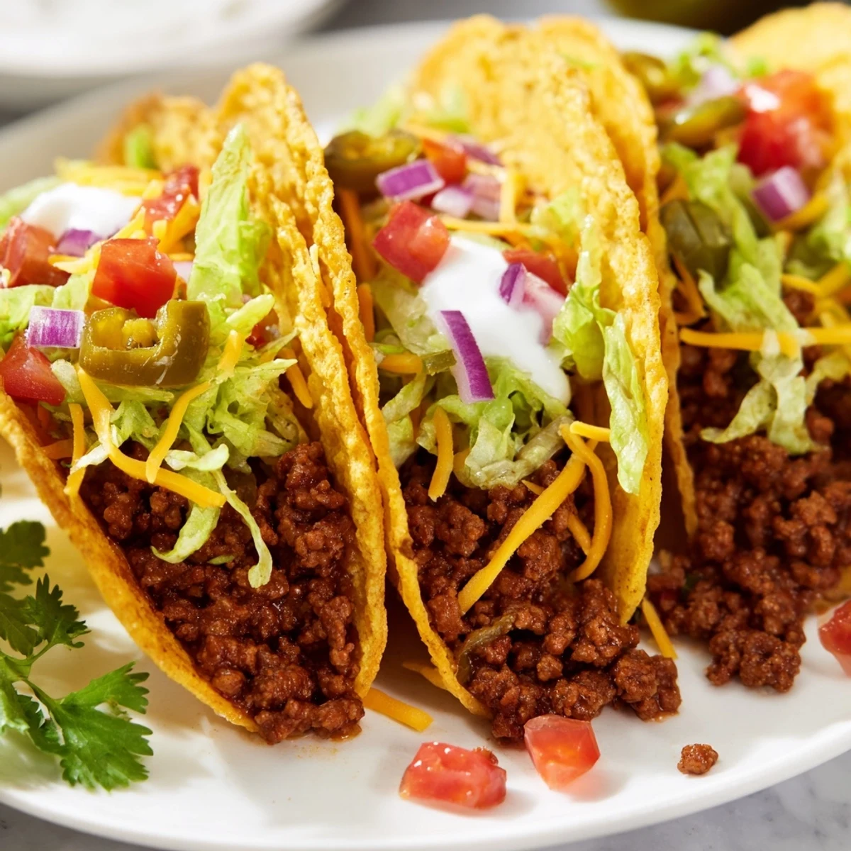 Crispy beef tacos served on a rustic plate with vibrant salsa and lime wedges