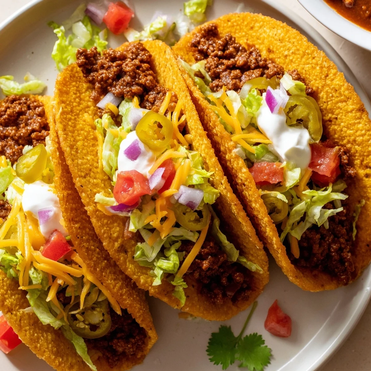 Close-up of crispy beef tacos oozing melted cheddar over perfectly browned spiced ground beef