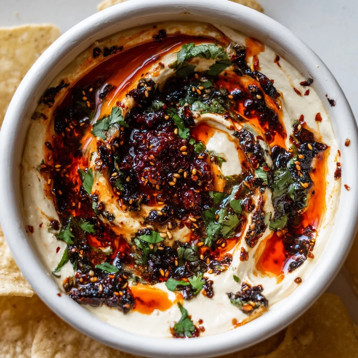 Creamy charred scallion and chili crisp dip swirled with spicy oil and fresh herbs