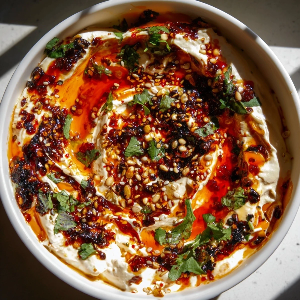 Smoky charred scallion and chili crisp dip served in a rustic bowl with tortilla chips