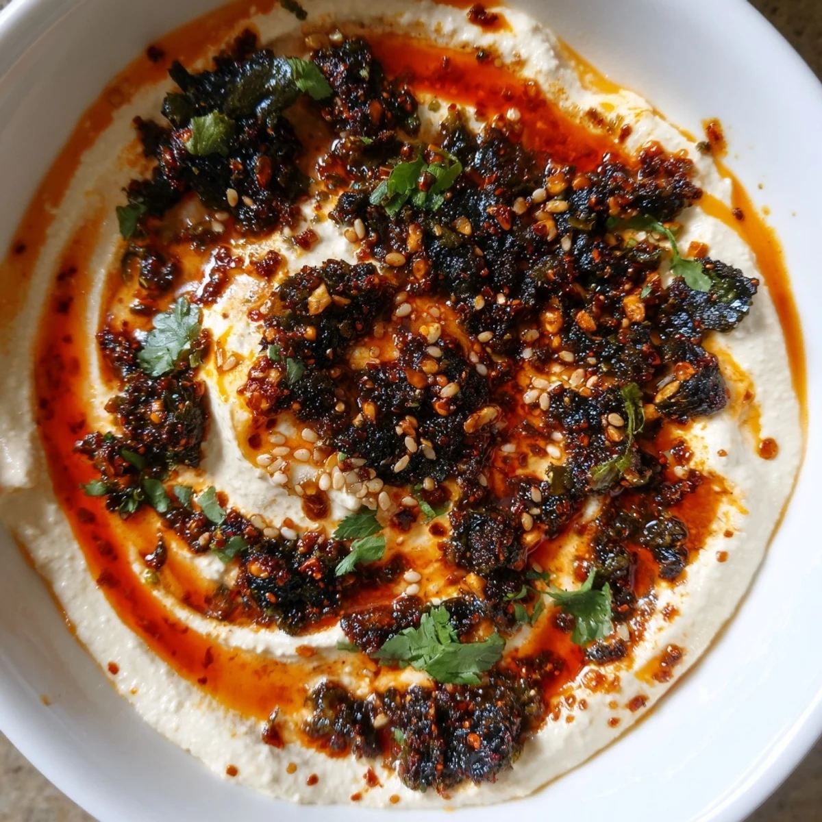 Tangy charred scallion and chili crisp dip topped with sesame seeds and a chili oil drizzle
