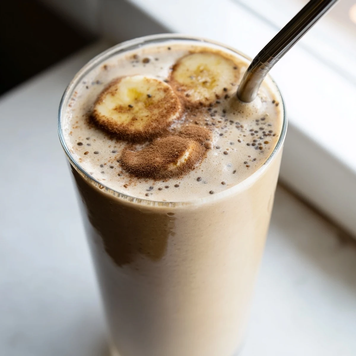 Creamy banana protein coffee smoothie topped with cinnamon in a tall glass
