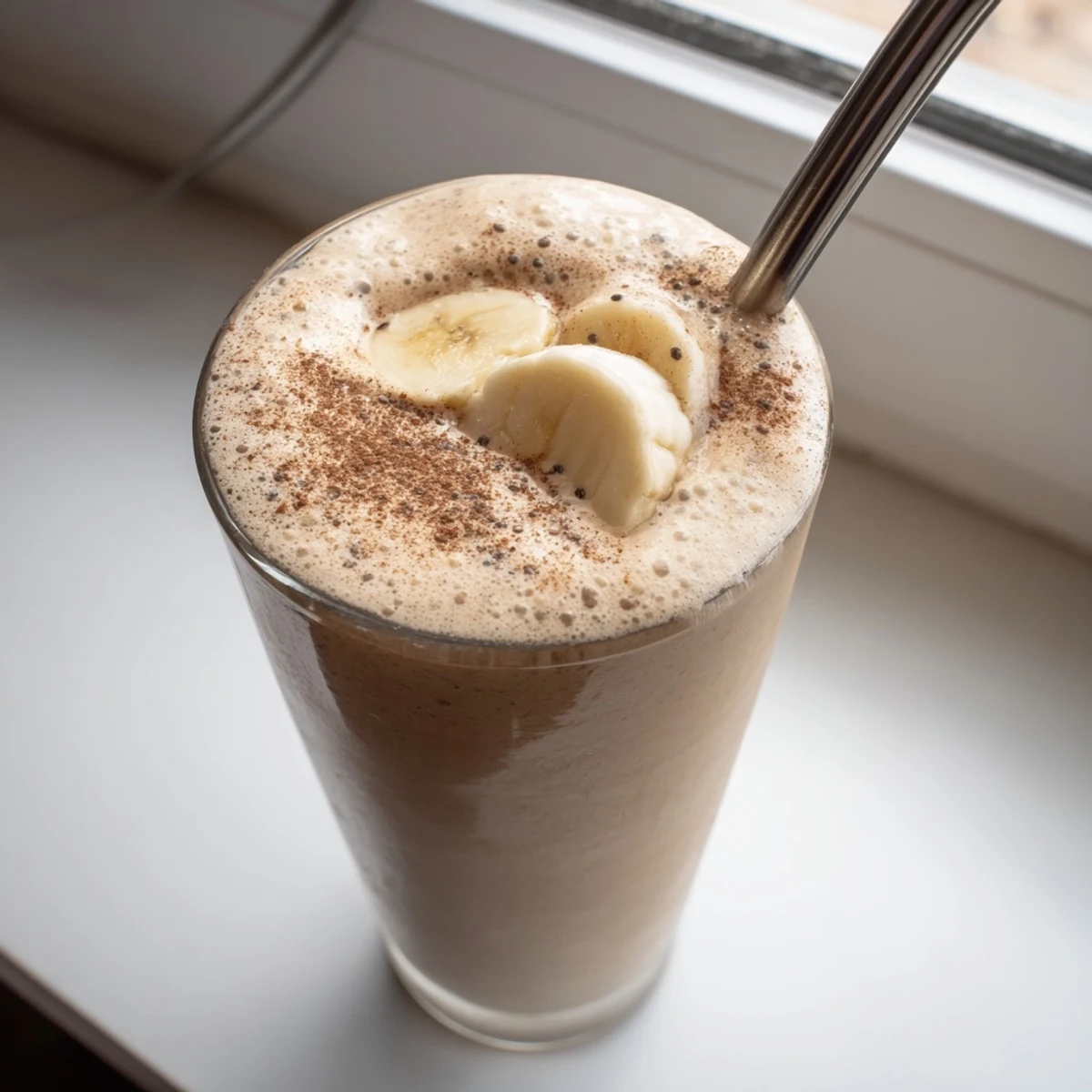 Frosted glass filled with rich banana protein coffee smoothie beside fresh ingredients