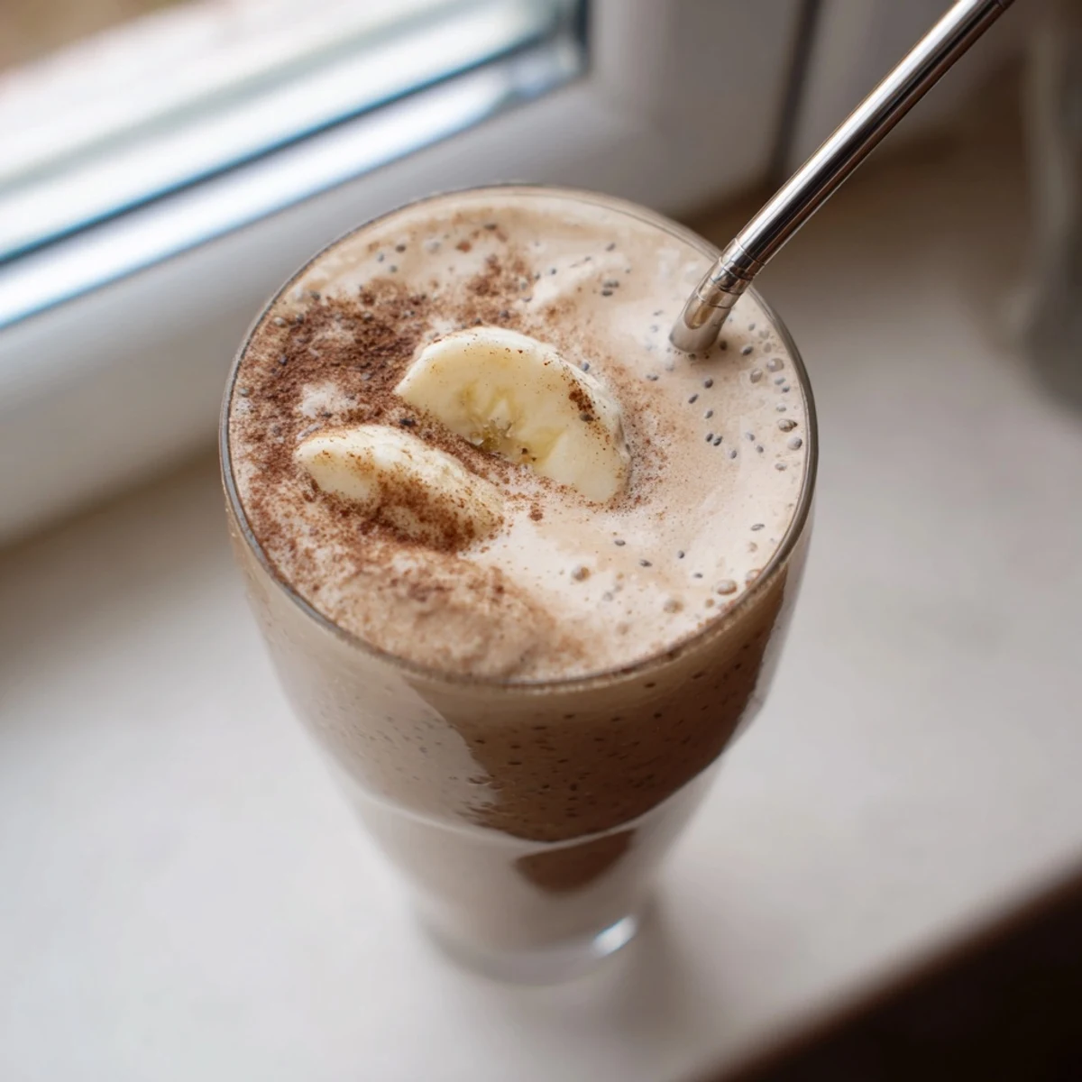 Thick banana protein coffee smoothie poured over ice for a morning boost