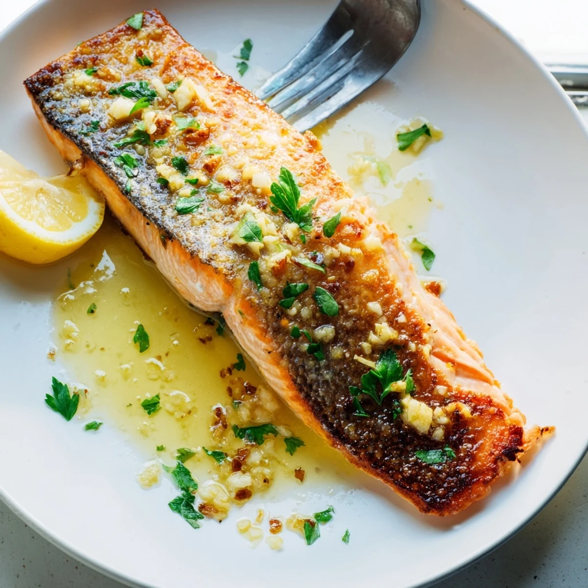 Golden garlic butter salmon fillet glistening in a rich lemon herb pan sauce