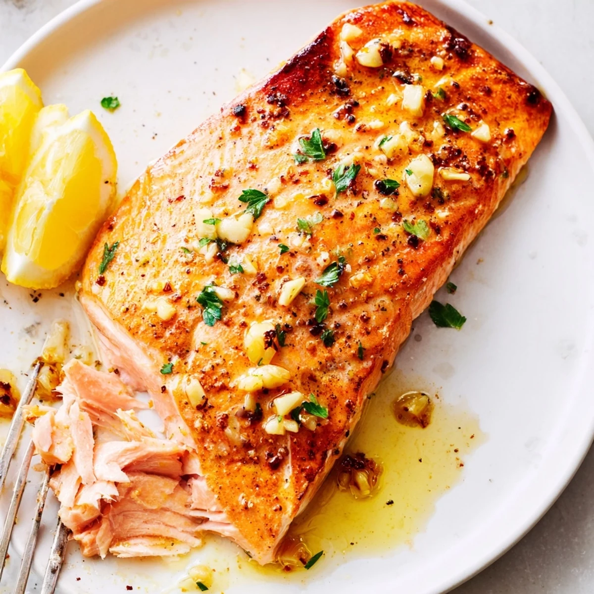 Flaky garlic butter salmon plated with fresh parsley and bright lemon wedges