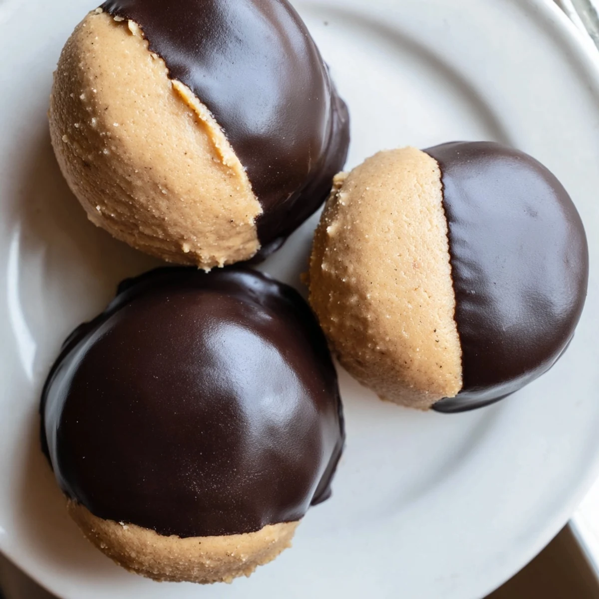 No-bake Buckeye Cookies dipped in melted chocolate with a golden peanut butter peak exposed
