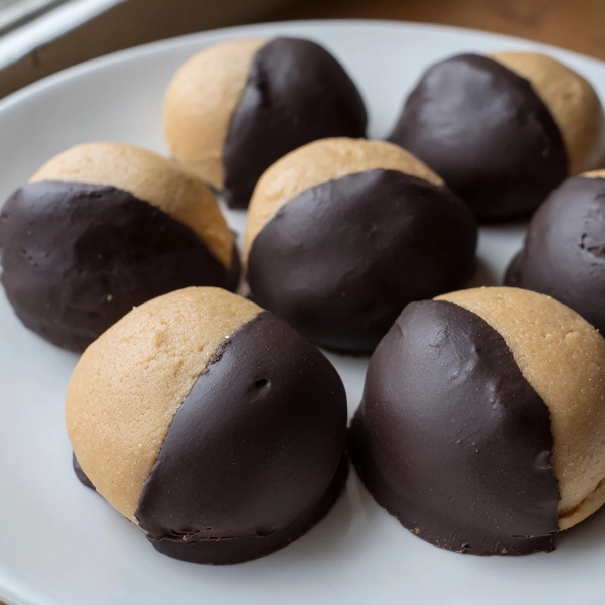 Buckeye Cookies with glossy chocolate coating and creamy peanut butter centers on a rustic tray